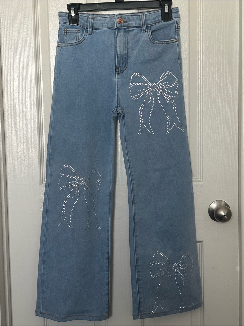 Girls' Light Blue Jeans with Rhinestone Bow Accents